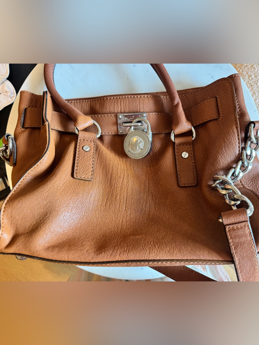Michael Kors Brown Leather Shoulder Satchel with Silver-Tone Lock
